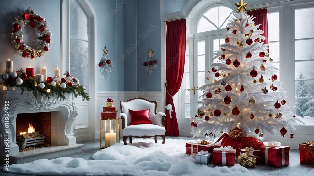 Festive room with a modern and stylish design, in white and red tones. White Christmas tree decorated with red ornaments with a gold star Festive room with a modern and stylish design, in white and red tones. White Christmas tree decorated with red ornaments with a gold star