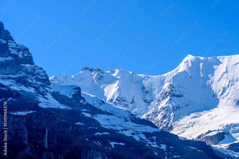 Obraz premium The Swiss Alps at Murren, Switzerland. Jungfrau Region. The valley of Lauterbrunnen from Interlaken.