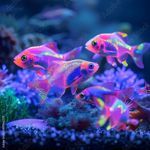 Captivating Virtual Aquarium with Neon Fish Responding to Interaction