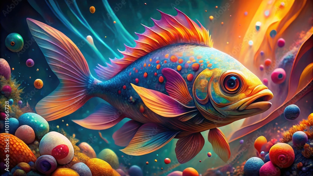 Colorful abstract fish design with fluid shapes and vibrant hues on a soft textured background Colorful abstract fish design with fluid shapes and vibrant hues on a soft textured background