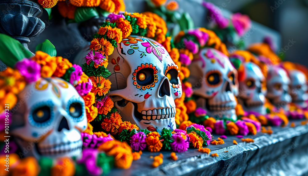 Day of the Dead, decorative skulls, marigold petals, wreaths and garlands, skeletons and skulls, 3D styling