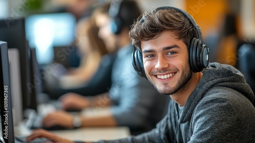 Smiling Customer Service Representative Working in Call Center Office Environment