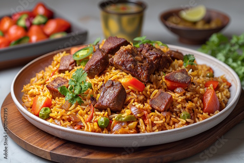 Biryani with large pieces of meat and vegetables on a white plate, garnished with coriander. Concept of hearty Indian cuisine for family gatherings, celebrations, and casual meals