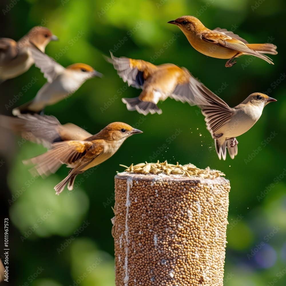 Naklejka premium birds flying over a bird feeder