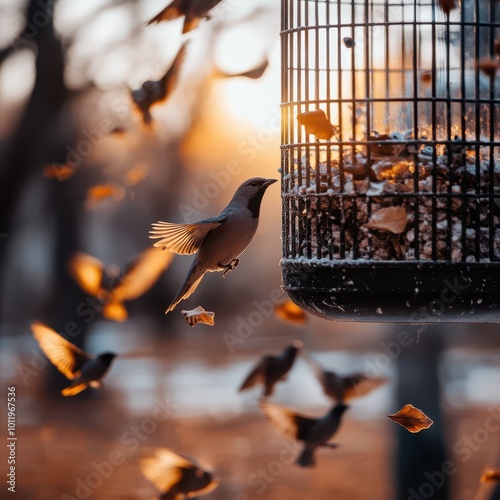 birds flying out of a bird feeder at sunset