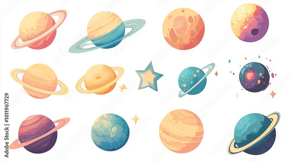 Fototapeta premium Simple, flat designs of space objects, like stars and planets.