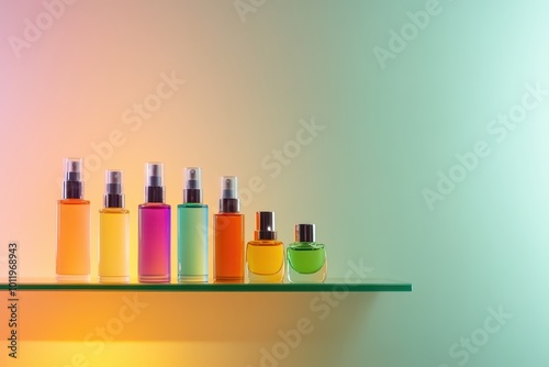 a shelf with several bottles of perfume on it