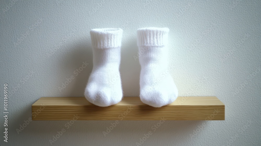 a pair of white socks on a wooden shelf a pair of white socks on a wooden shelf