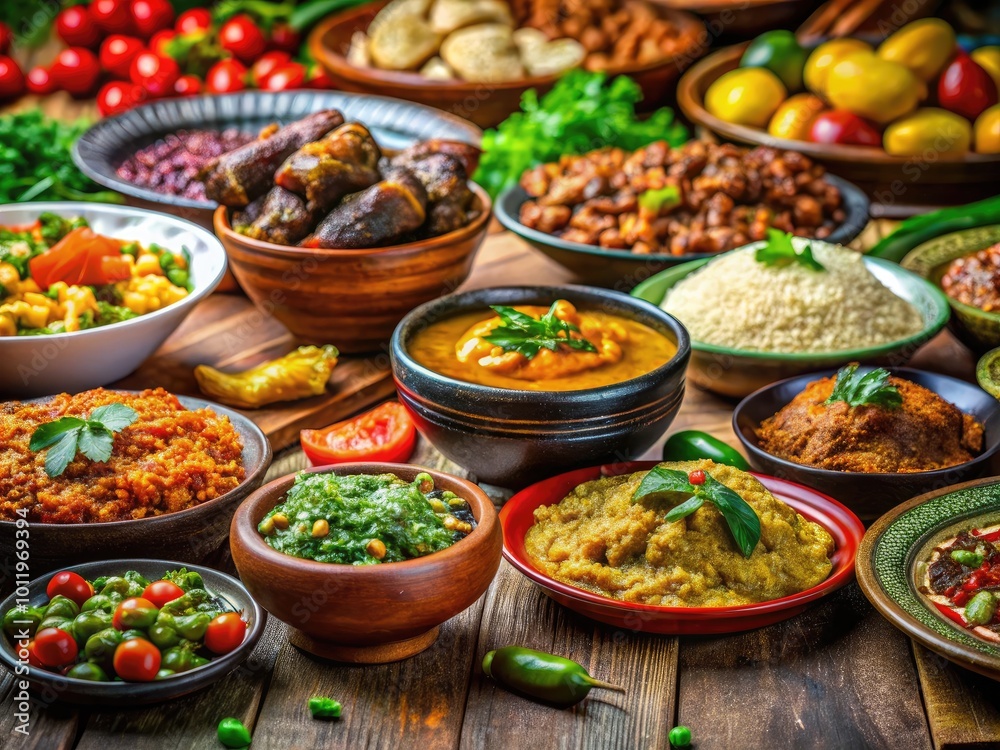 Colorful African Cuisine Display Featuring Traditional Dishes and Vibrant Ingredients on a Table