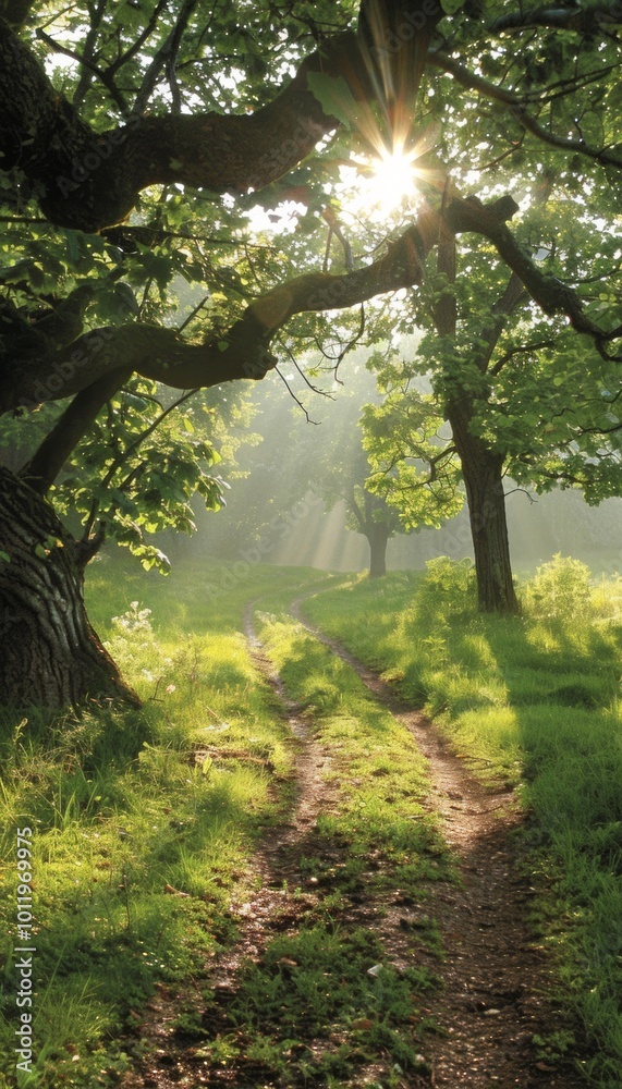 Obraz premium A sun-drenched path winds through a lush green forest, sunlight filtering through the trees.
