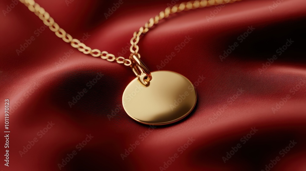 a gold disc pendant on a red silk scarf