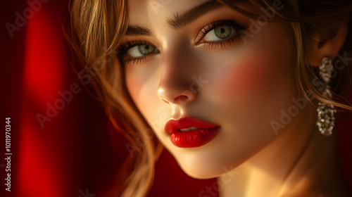 Closeup Portrait of a Woman with Red Lips and Green Eyes - Illustration