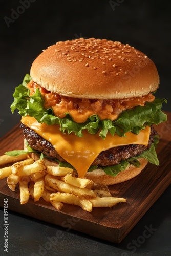 a cheeseburger and french fries on a wooden board