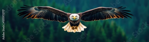 A majestic eagle soars gracefully against a blurred green forest backdrop, showcasing its powerful wings and keen gaze. photo