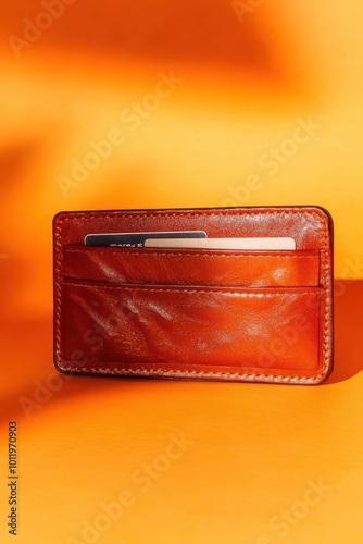 a small orange wallet sitting on top of an orange surface photo