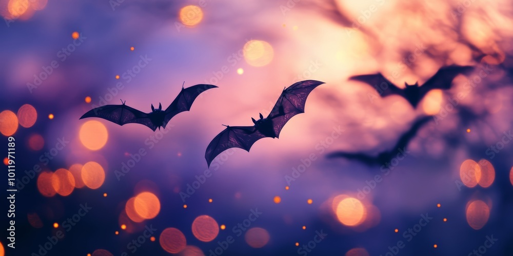 Flying bats with outstretched wings in twilight, surrounded by blurred lights and trees, creating a mysterious and eerie atmosphere. Flying bats with outstretched wings in twilight, surrounded by blurred lights and trees, creating a mysterious and eerie atmosphere.