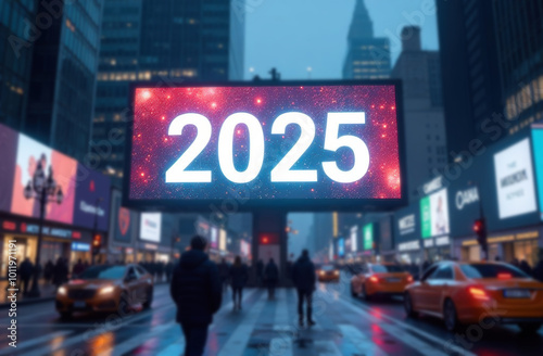 Giant «2025» projected on a digital billboard in a bustling urban center, with futuristic technology and transportation. 