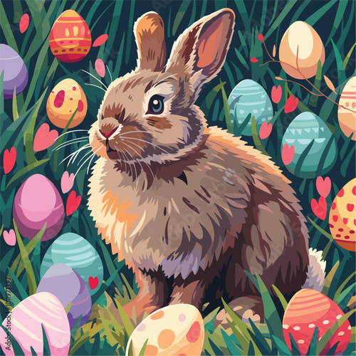 Rabbit Sitting in a Field of Colorful Eggs