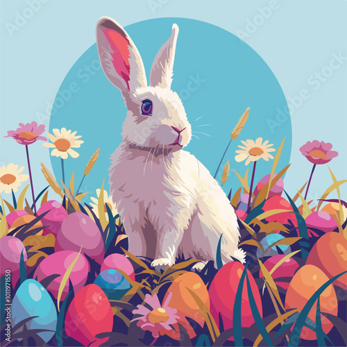 Rabbit Sitting in a Field of Colorful Eggs