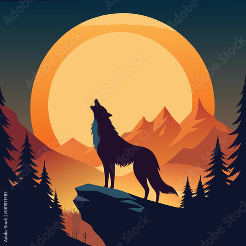 Wolf howling vector illustration at the midnight moon photo