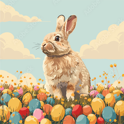 Rabbit Sitting in a Field of Colorful Eggs