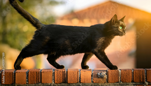 Sleek black cat with green eyes and white paws, gracefully walking on a brick wall in an urban setting.