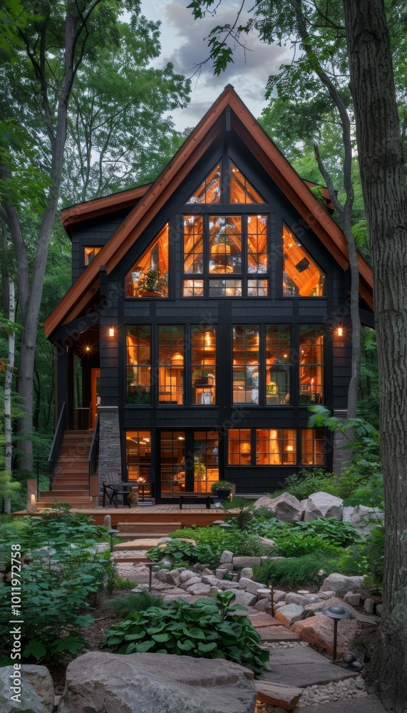 A modern cabin with large windows nestled in a lush forest setting. A modern cabin with large windows nestled in a lush forest setting.