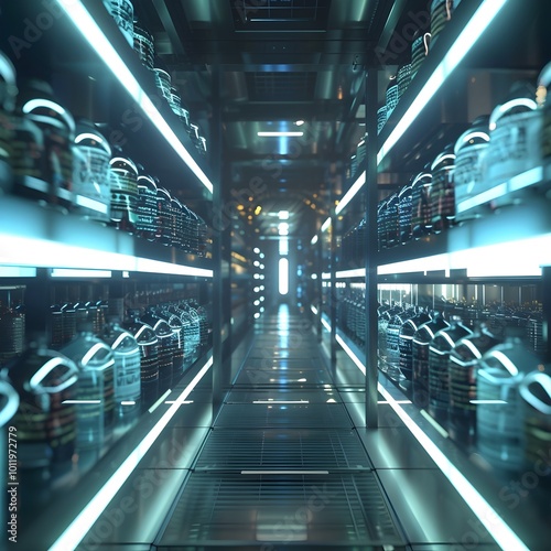 Futuristic Vault with Labeled DNA Vials for Long Term Data Preservation and Storage Concept