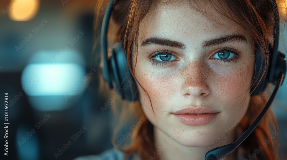 Smiling Customer Service Representative Working in Call Center Office Environment Smiling Customer Service Representative Working in Call Center Office Environment