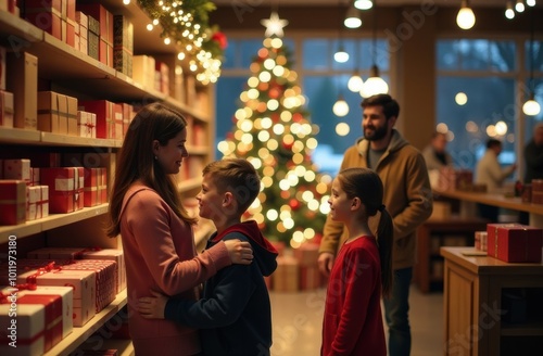 Wallpaper Mural Family with children choosing gifts in store, glowing garlands and decorated Christmas tree in background Torontodigital.ca