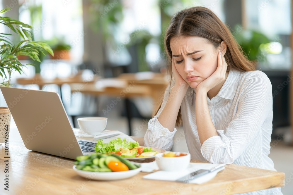 She is trying to eat on her lunch break in a cafeteria but keeps being interrupted by her work's video calls and e-mails. The hungry woman is annoyed. She is trying to eat on her lunch break in a cafeteria but keeps being interrupted by her work's video calls and e-mails. The hungry woman is annoyed.