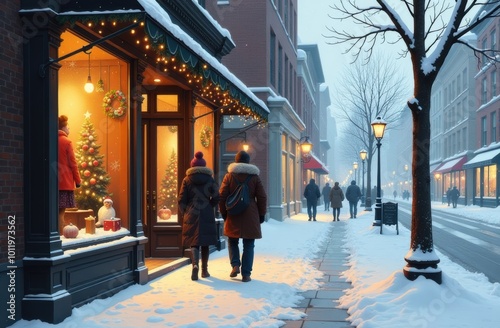 Winter street scene with people browsing through store windows displaying festive holiday merchandise, soft snow falling