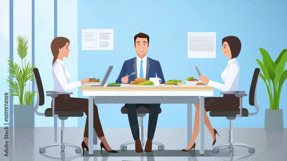 Lunch break in a modern office is shared by a diverse group of coworkers Lunch break in a modern office is shared by a diverse group of coworkers