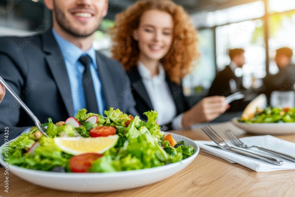 At a restaurant, businesspeople eat salads while discussing work in a joyful manner At a restaurant, businesspeople eat salads while discussing work in a joyful manner