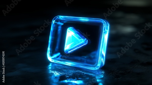 Animated neon play button in blue on a black background. The button is in a neon style, reminiscent of the start button on a computer. It represents technology and computers