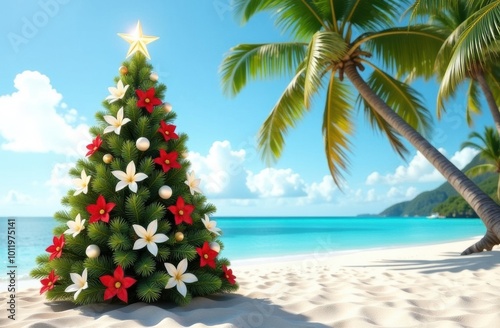 Wallpaper Mural A floral Christmas tree by a beach with palm trees and turquoise water, empty background for text on the left, ideal for travel and resort holiday promotions Torontodigital.ca