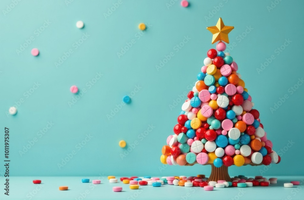 A Christmas tree constructed from colorful pills, empty background for text on the left, perfect for medical-themed holiday campaigns A Christmas tree constructed from colorful pills, empty background for text on the left, perfect for medical-themed holiday campaigns