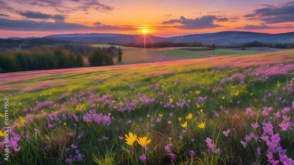 Obraz premium Colorful spring sunrise on meadow, Generative with AI.