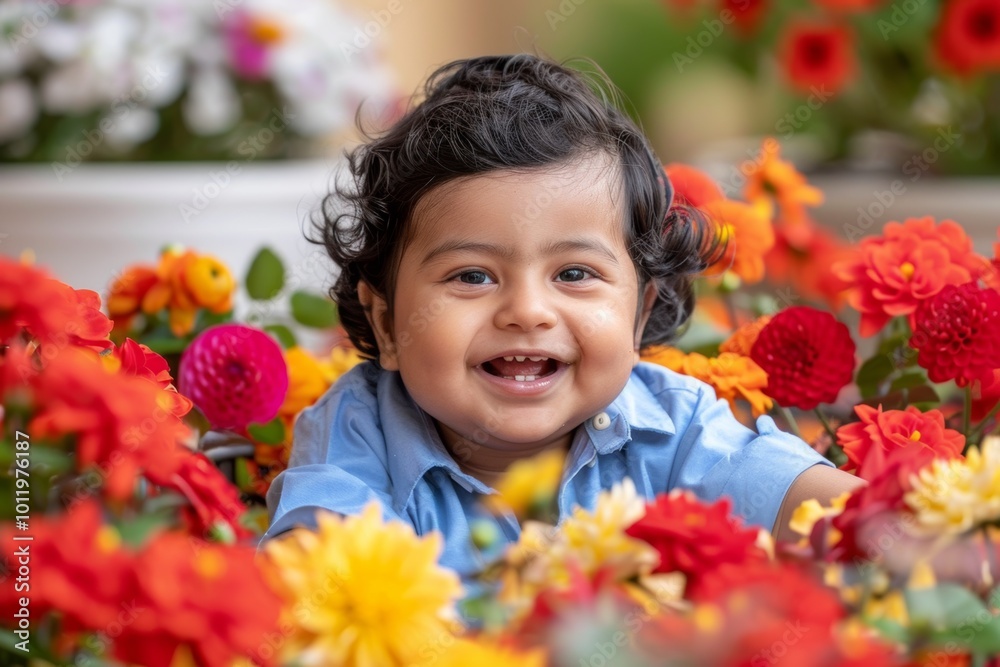 A young boy with curly dark hair smiles while surrounded by bright red, orange and yellow flowers. A young boy with curly dark hair smiles while surrounded by bright red, orange and yellow flowers.