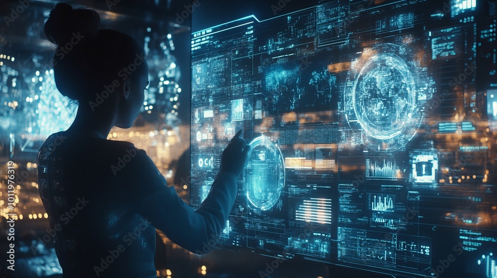 Digitalization encompasses internet connectivity, data analysis, digital marketing, and IoT. A woman navigates the metaverse on her advanced computer Digitalization encompasses internet connectivity, data analysis, digital marketing, and IoT. A woman navigates the metaverse on her advanced computer