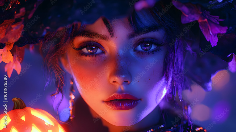 Fantasy Portrait of a Woman in a Witch Hat with a Pumpkin Illustration Fantasy Portrait of a Woman in a Witch Hat with a Pumpkin Illustration