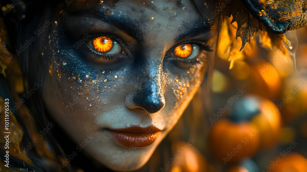 Mystical Woman with Orange Eyes and Glitter Makeup - Illustration Mystical Woman with Orange Eyes and Glitter Makeup - Illustration