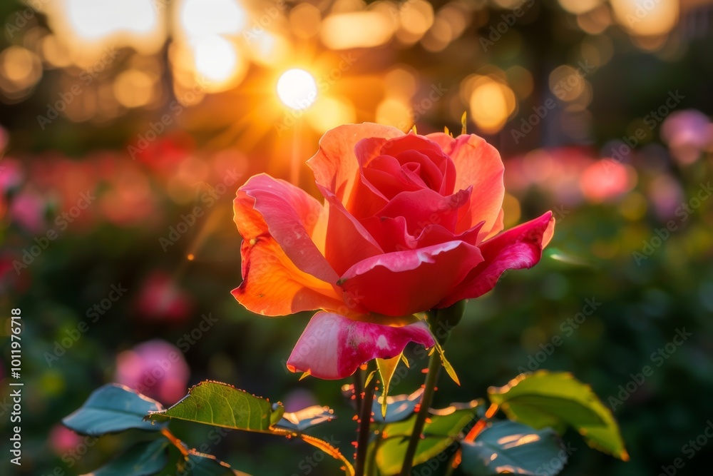 Obraz premium A single pink rose basks in the warm glow of the setting sun, its petals glowing with a soft, delicate light.