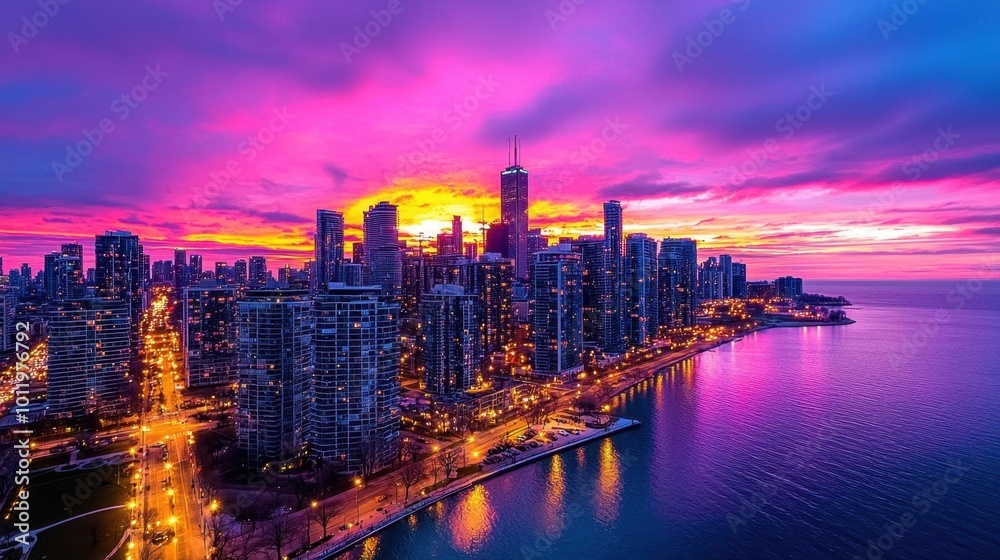 Obraz premium A photostock images of a vibrant city skyline during the golden hour