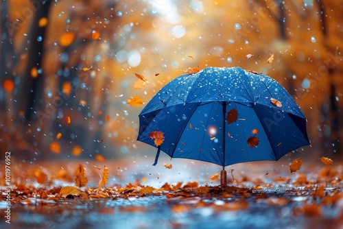 Wallpaper Mural Charming autumn scene  dry leaves cascading into a blue umbrella amidst golden bokeh in nature Torontodigital.ca