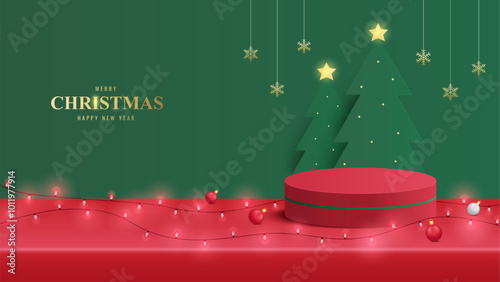 Podium Christmas. Red Podium for product display presentation with christmas tree. Podium platform to show product on green background. Merry Christmas background