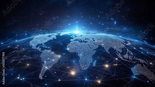 Futuristic backdrop of networking, vast data exchange. Next-gen technologies and web connectivity. World map illumined by lines and dots. 
