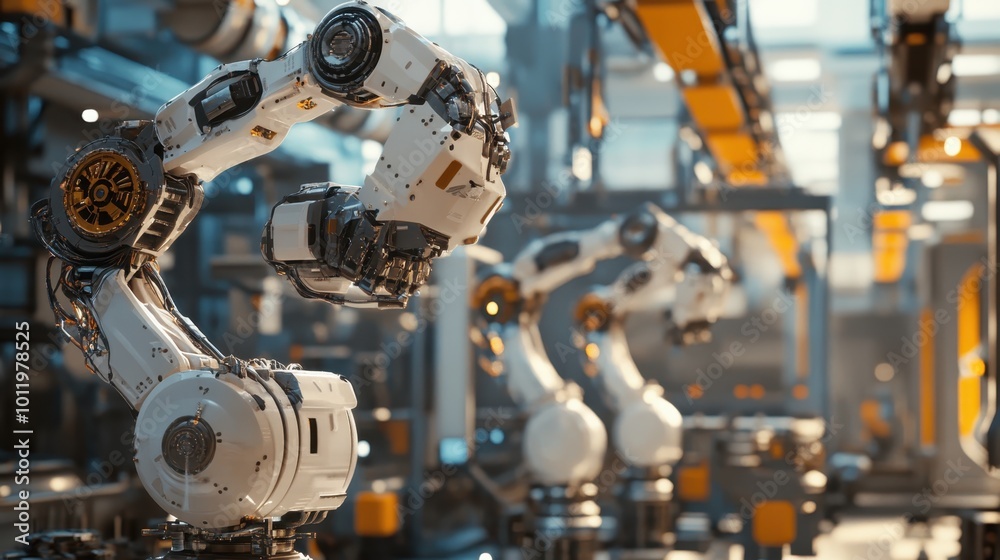 Robotic arms in an advanced factory setting, performing complex tasks with speed and accuracy. Robotic arms in an advanced factory setting, performing complex tasks with speed and accuracy.