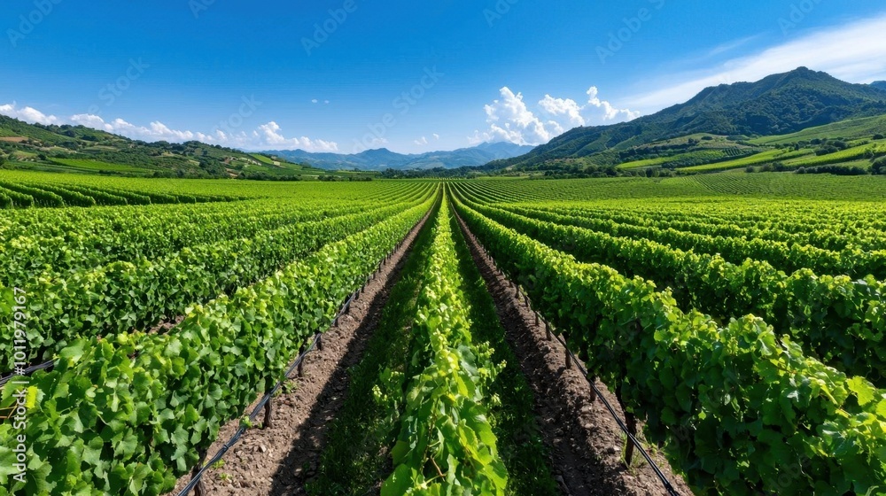 A photostock image of a lush green vineyard with rows of grapevines stretching out under a bright sky A photostock image of a lush green vineyard with rows of grapevines stretching out under a bright sky
