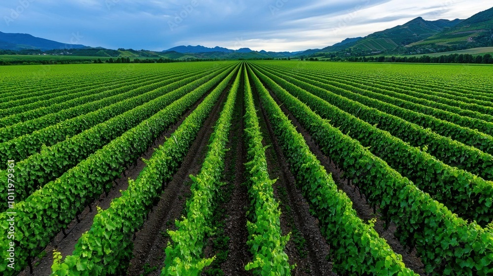 A photostock image of a lush green vineyard with rows of grapevines stretching out under a bright sky A photostock image of a lush green vineyard with rows of grapevines stretching out under a bright sky